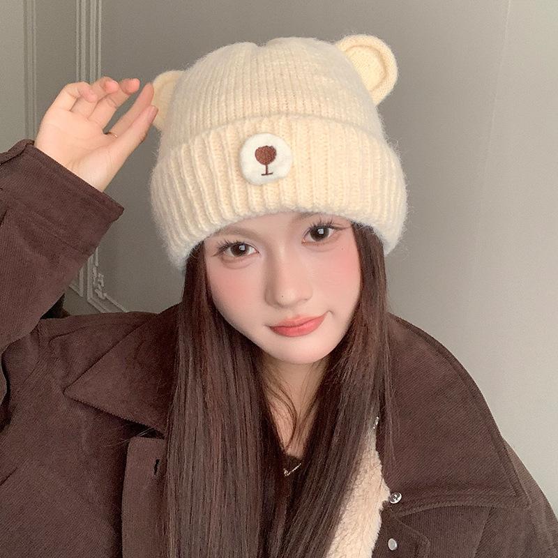 Autumn and Winter Commuting Warm Knitted Hat for Women Cute Bear Ear Protection Pullover Hat Outdoor Windproof and Coldproof Woolen Hat Trendy