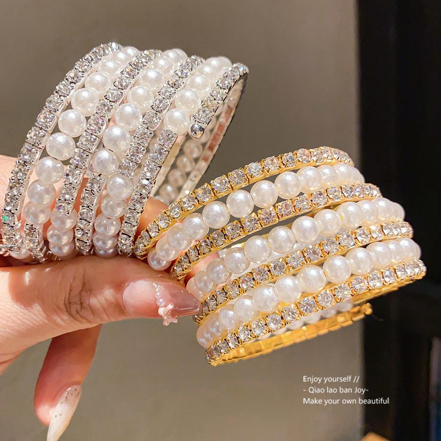 Pearl Multilayer Open Cuff Bracelet With Rhinestone Embellishments For Elegant Women