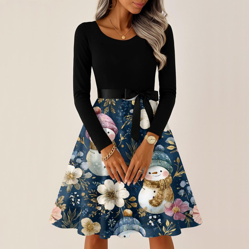 Dame Casual Mote Rund Hals Langermet Juleprintet Selskap Vintage Lange Kjoler