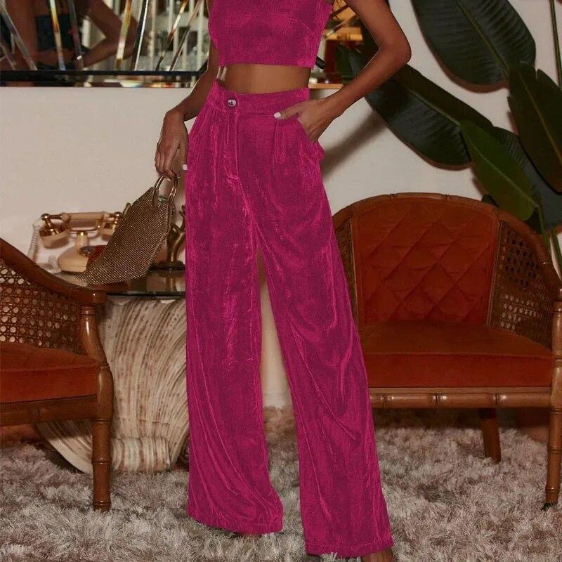 

Элегантные однотонные бархатные женские брюки, теплые утепленные широкие брюки во французском стиле для женщин, модные брюки с высокой талией 30150 XL розы красного