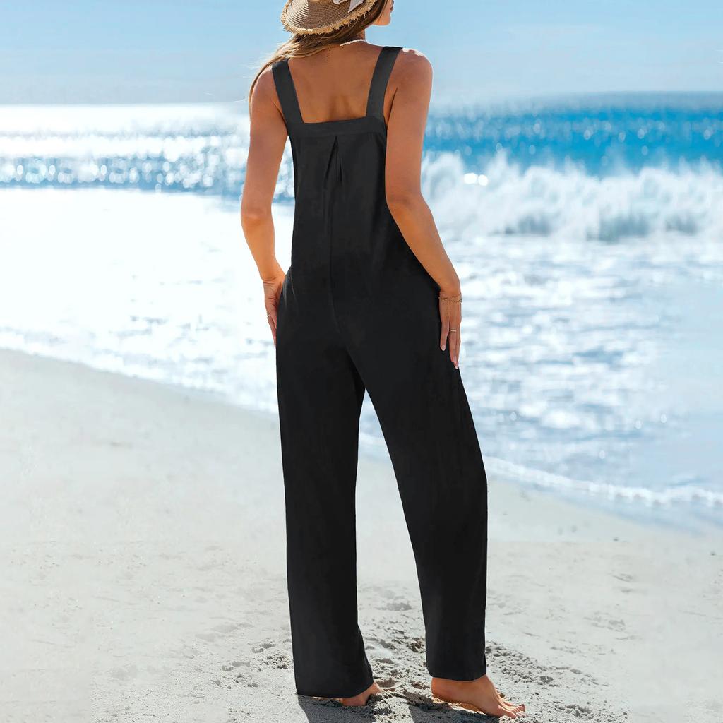 Women's Casual Overalls Color Without Cuff Pocket Jumpsuit