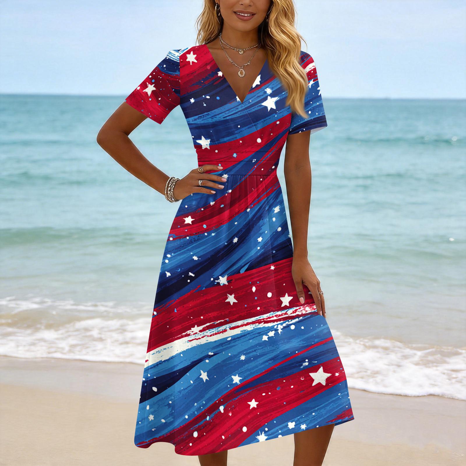 

Womens Short Sleeve V Neck Midi Dress with Printed Star and Stripe Pattern Loose Fit Soft Fabric Casual Style L синий