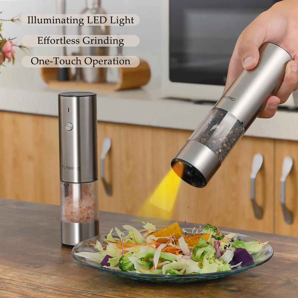Electric Pepper Mill, USB Rechargeable Automatic Salt and Pepper Grinder - Adjustable Coarseness, LED Light, Refillable (Set of 2, Stainless Steel)