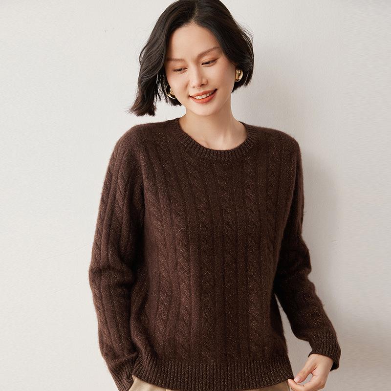 Women's 2024 Cashmere Cable Knit Crew Neck Sweater, Versatile Twisted Base Layer for Autumn/Winter