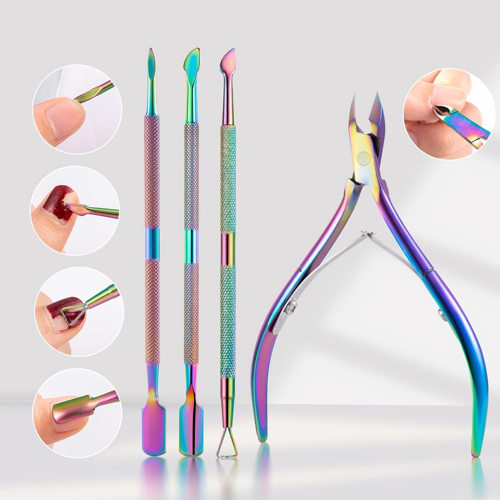 4pcs Nail Dead Skin Clipper Cuticle Pusher Set Colorful Stainless Steel Manicure Cuticle Nipper Dead Skin Nail Gel Manicure Pedicure Tools