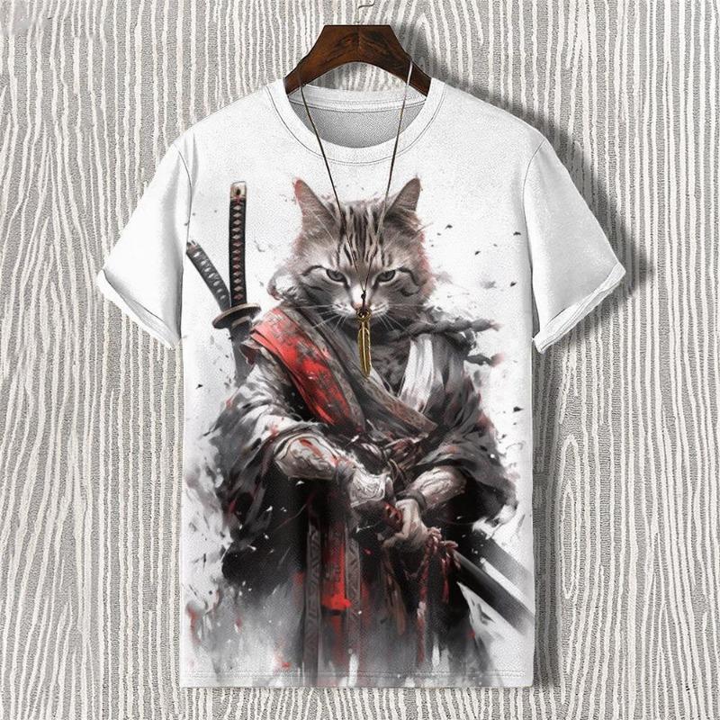 Men's T-shirts Edo Cat Samurai Warrior Art 3D Print Casual T-Shirts Men/Women Short Sleeve O-Neck Top Kid Clothing