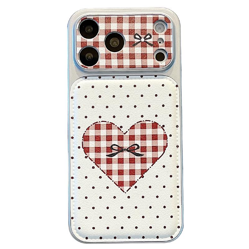 

Trendy Wine Red Leather Polka Dot Heart Plaid Phone Case for iPhone 17 Pro Max (Drop-Proof) iPhone 16 Pro