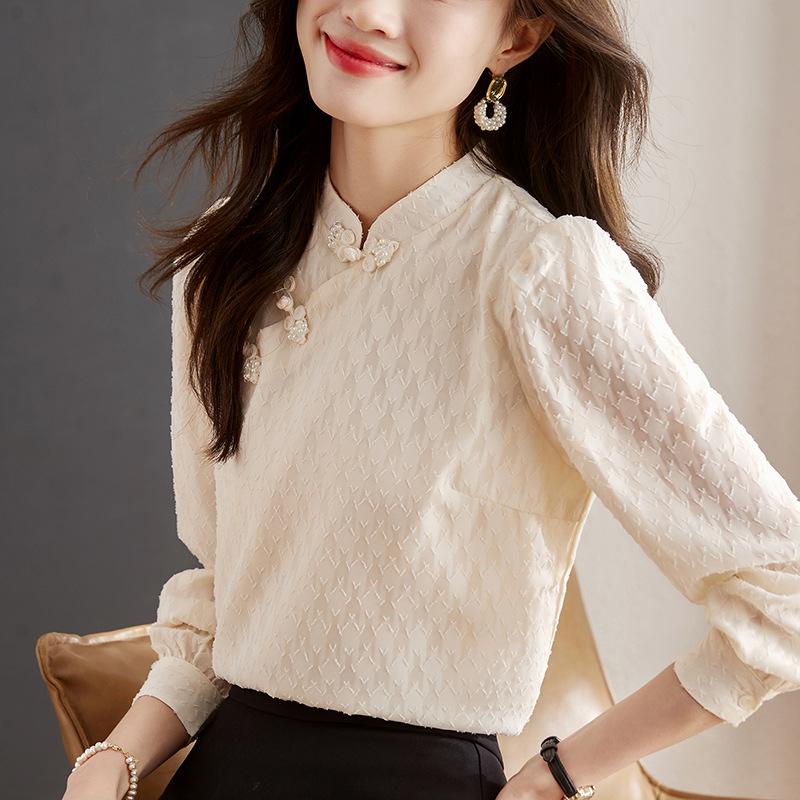 

Женские винтажные топы Cheongsam, шифоновая блузка с длинным рукавом, повседневная одежда, офисные рубашки, элегантные блузки