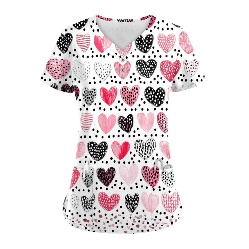 Women's Button V Neck Fashion Casual ChristmasValentine's Day Print Tops Dry-nurse Top,Scrubs Tops For Women,2 Pockets