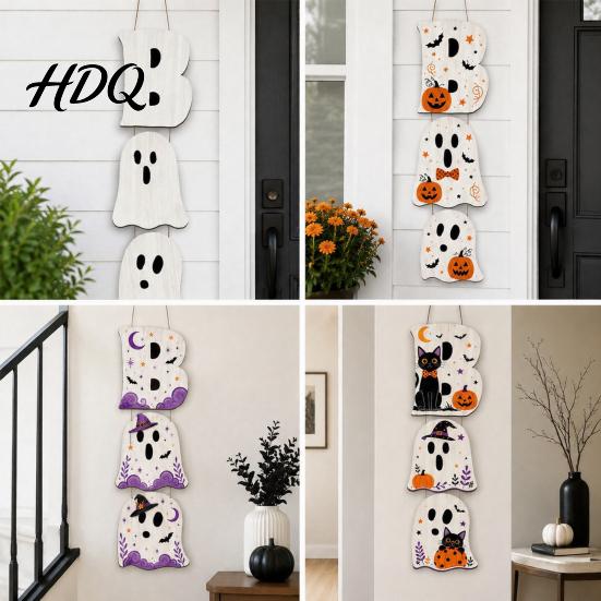 Layered Hanging Seasonal Ornament Halloween Wooden BOO Sign Creative Letter Pendants Vintage Ghost Pumpkin Black Cat