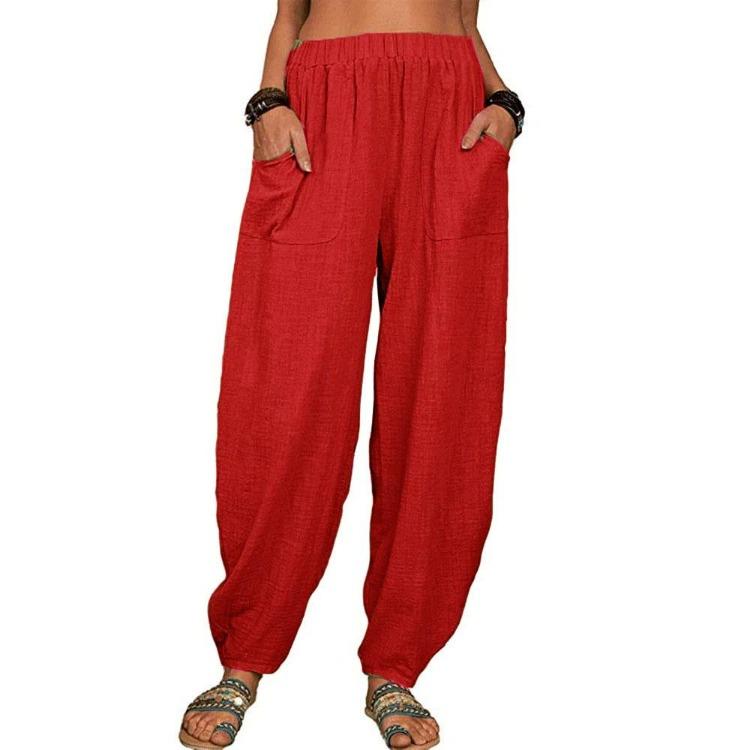 Summer Casual Women's Cotton Linen Elastic Waist Wide Leg Retro Harem Pants Large Size Home Pants