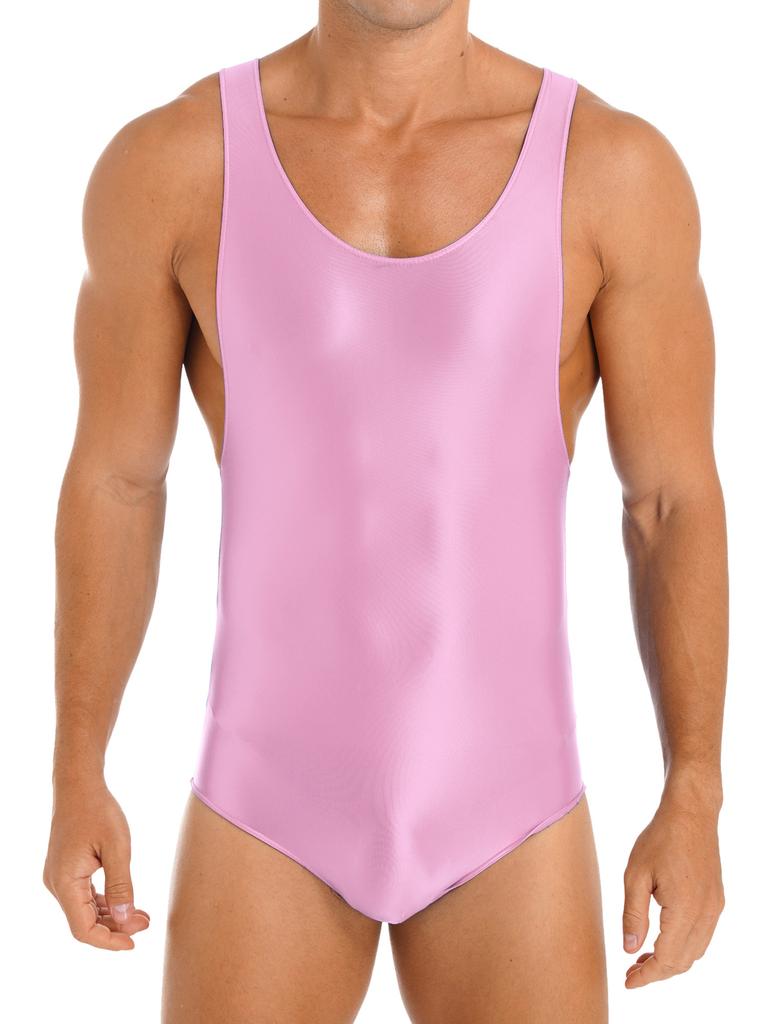 Mens Glossy Stretchy Sleeveless U Neck Leotard Skinny Jumpsuit Wrestling Singlet