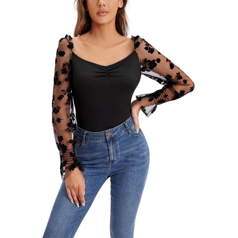 

Женская кружевная блузка с длинными рукавами, женская повседневная тонкая футболка, топы с кружевными рукавами S чёрный