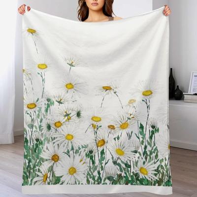Hand Painted White Margaret Daisy Horizontal Watercolor Painting Throw Blanket Warm Throw Blanket Gift for Anniversary
