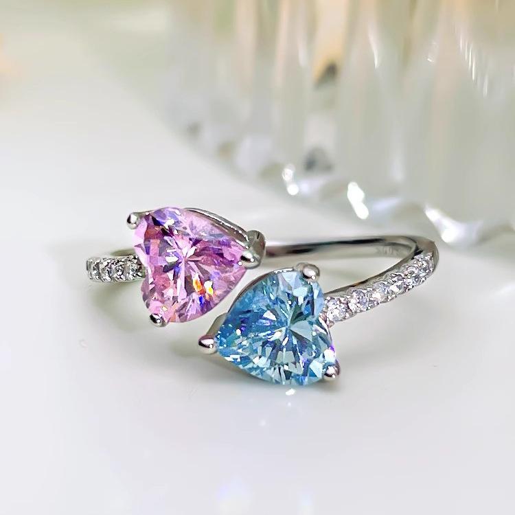 Luxuriöser offener Ring in Herzform, Rosa, mit hochkohlenstoffhaltigem Diamant, Modeschmuck für Damen