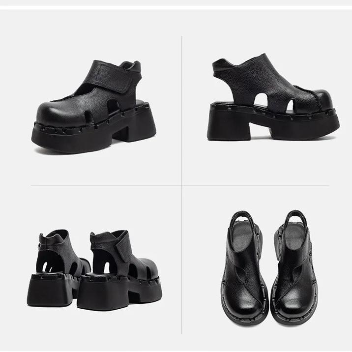 Johnature Echte Leder Höhe Steigernde Dicke Sohle Sandalen Runde Zehen Damen Plateau Schuhe