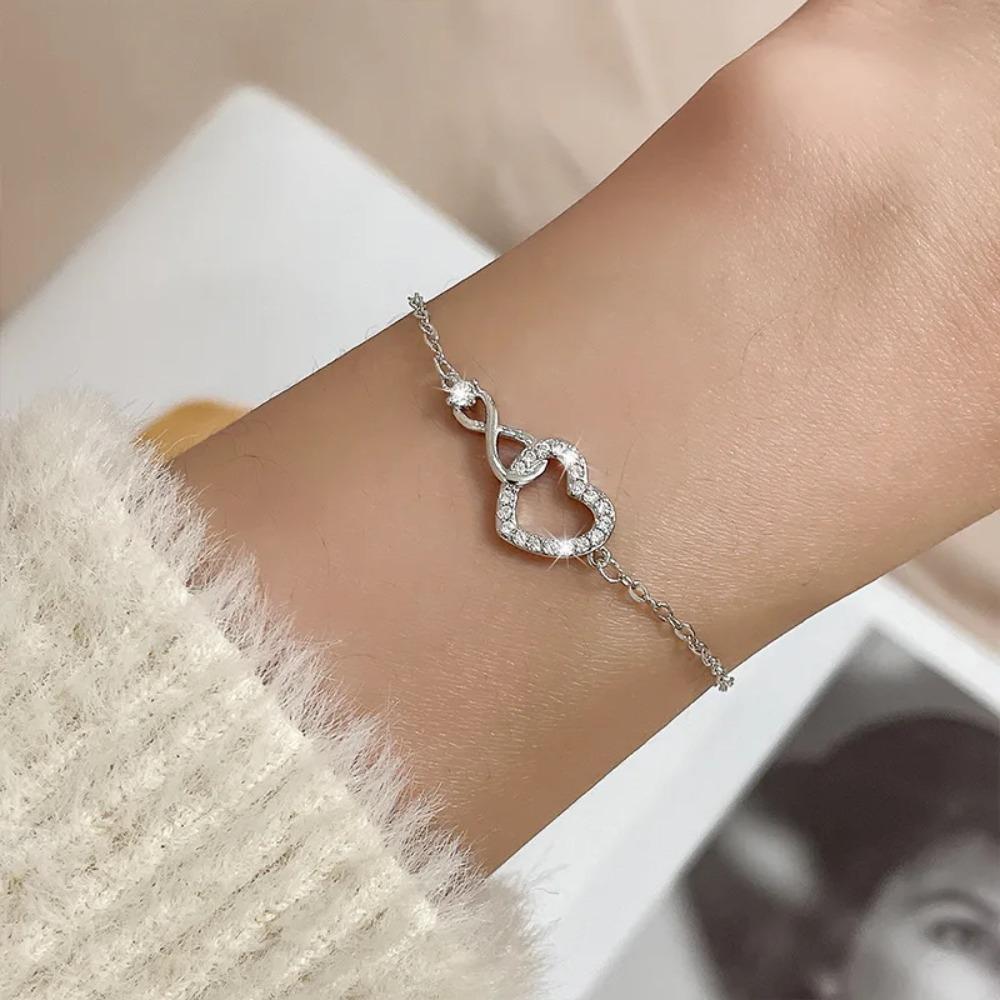 925 Silver Double Love Heart Hollow Beads Bracelet Adjustable Romantic Jewelry for Women Fashion Classic