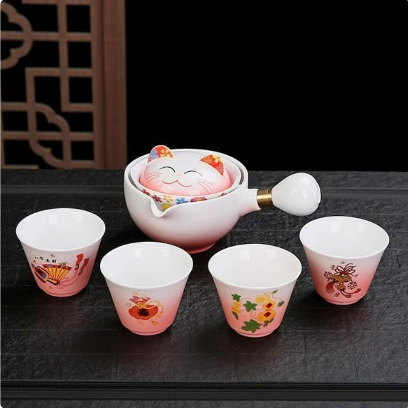 Creative Luck Cat Ceramic Chinese Kung Fu Tea Set Travel Teapot with Handle Cute Cat Pot Household Kung Fu Teapot Cup Set Gift