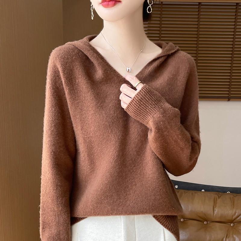 Women's Thick Versatile Wool-Cashmere Knit Hooded Pullover for Autumn/Winter