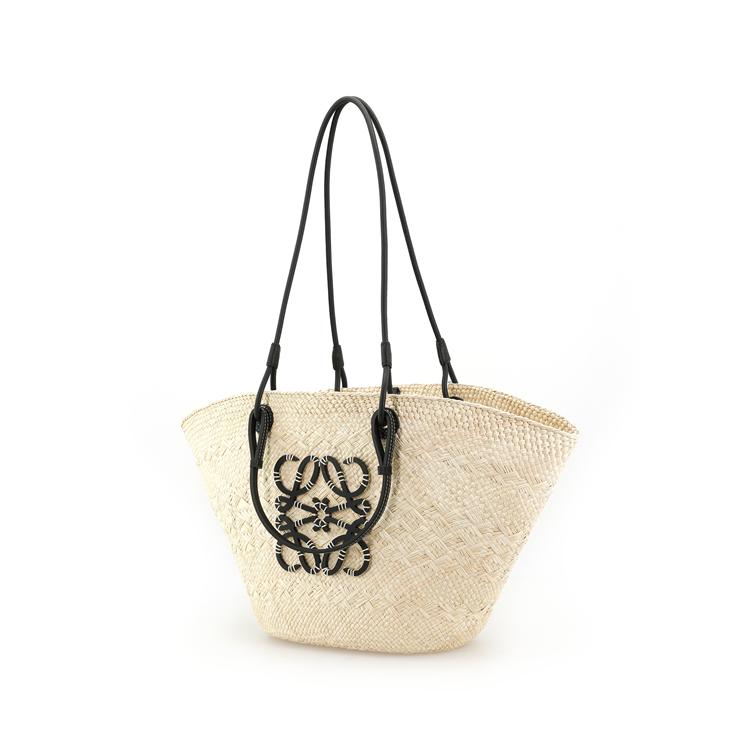 Loewe Basket Woven Resort Style Palm Fiber And Leather Tote Bag Medium Women Handbags Beige Black A223T43X02-2165