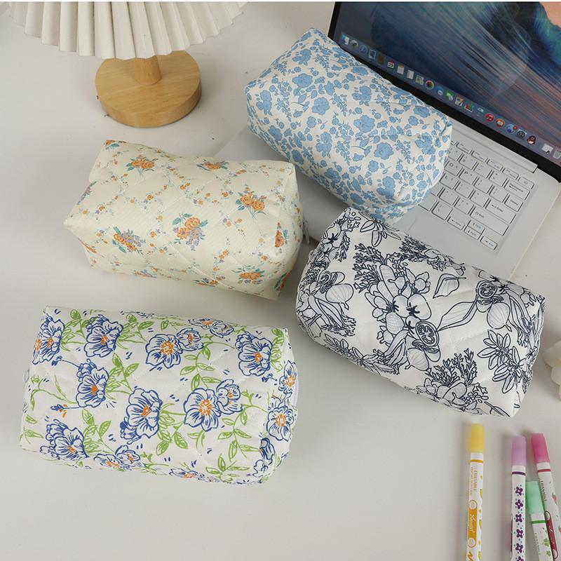 Floral Cotton Fabric Makeup Bag With Zipper Storage For Women And Teens