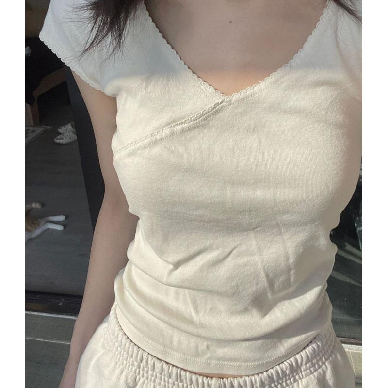 Women's V-Neck Short-Sleeve T-Shirt - 92% Cotton, 8% Spandex, Summer Slimming, Casual All-Match.