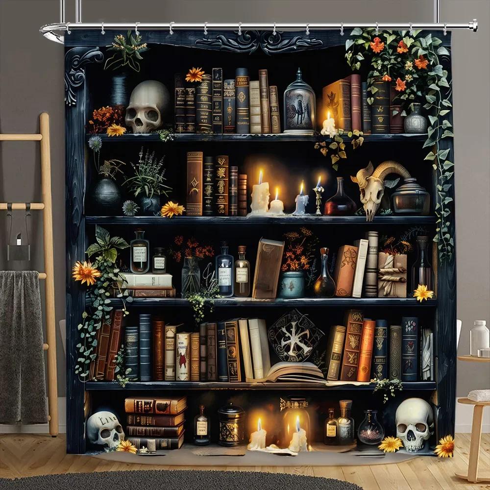 Vintage Library Shower Curtain Old Book Bookshelf Skull Halloween Candles Floral Plant Home Polyester Fabric Bathroom Decor Se