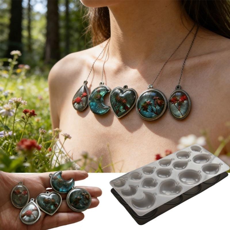 Heart Oval Moon Round Resin Pendant Silicone Molds with 15 Cavities For Handmade Resin Pendant Jewelry Crafting