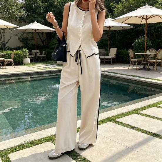 Women Summer 2 Piece Outfits Sleeveless Button Down Vest Wide Leg Pants Sets Casual Business Work Matching Set