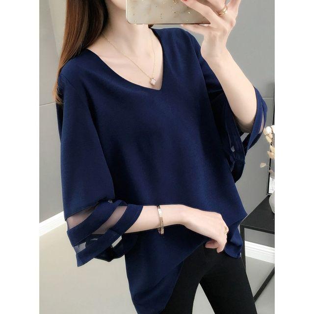 Elegante V-Ausschnitt-Bluse aus Chiffon mit ausgestellten Ärmeln und Gaze, Damenbekleidung, übergroße, lässige Pullover, süßes Hemd