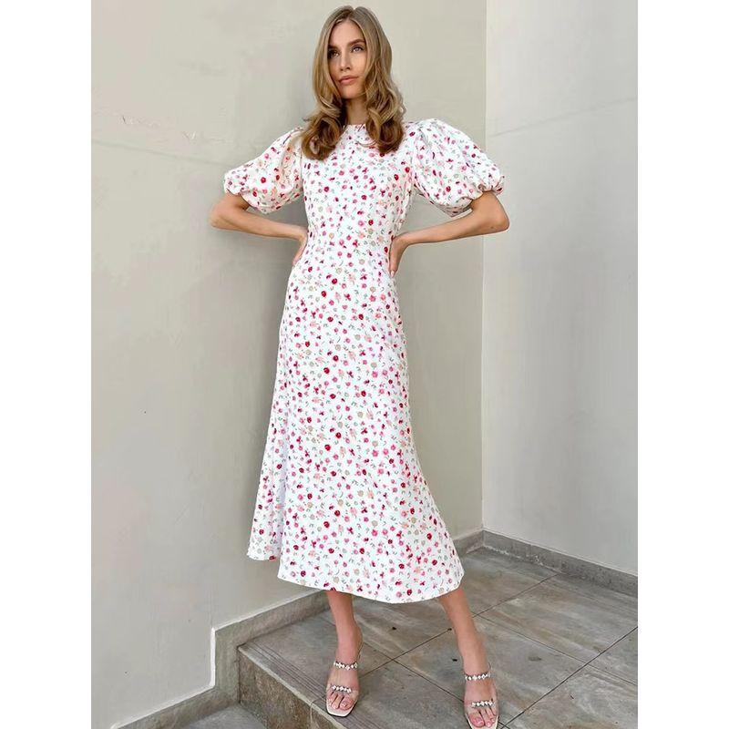 

Fashion Summer Fashion Print Silm Puff Sleeve Dress Printed Bubble Sleeve Dress Print L