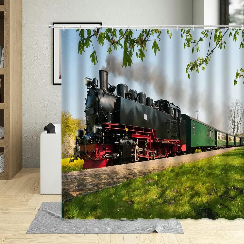 Flower Plant Landscape Shower Curtain Cherry Blossom Waterfall Green Forest Manor Arch Bridge Ocean Scenery Bathroom Curtain Set