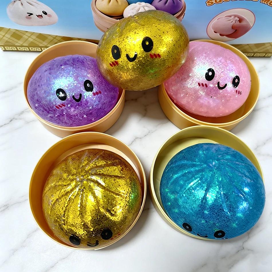 Glitter Dumpling Squishies, Upgrade Squishy Dumplings Stress Balls, Soft Squeezy Dough Ball with Steamer Stress Relief Desk Toys