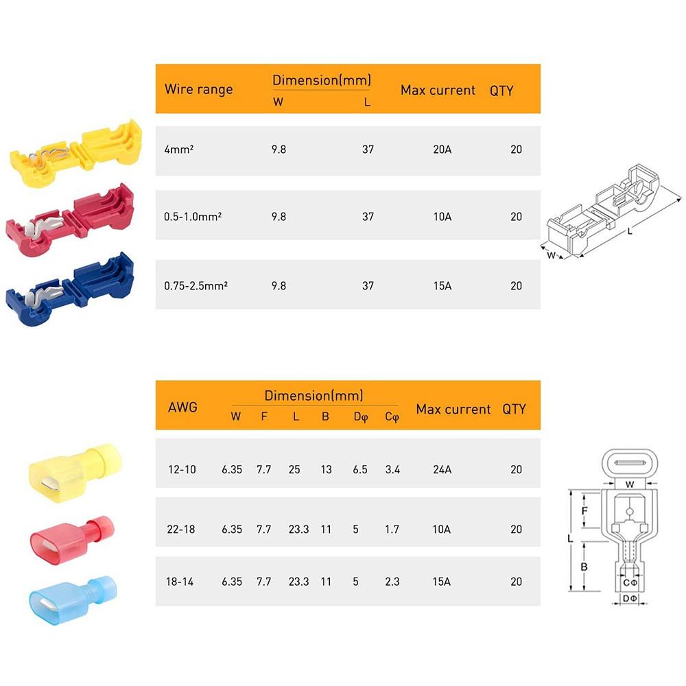 120Pcs T-Tap Connector Quick Electrical Cable Connector Snap Splice Lock Wire Terminal Waterproof Crimp Wire Terminal