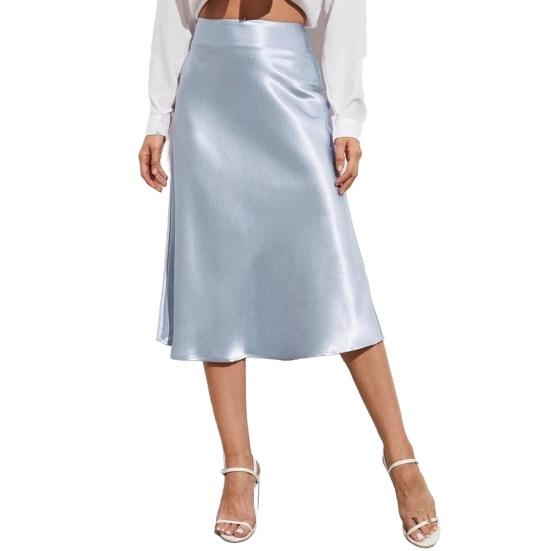 Women Midi Skirt High Waist Satin-Like Shiny Skirt Solid Color