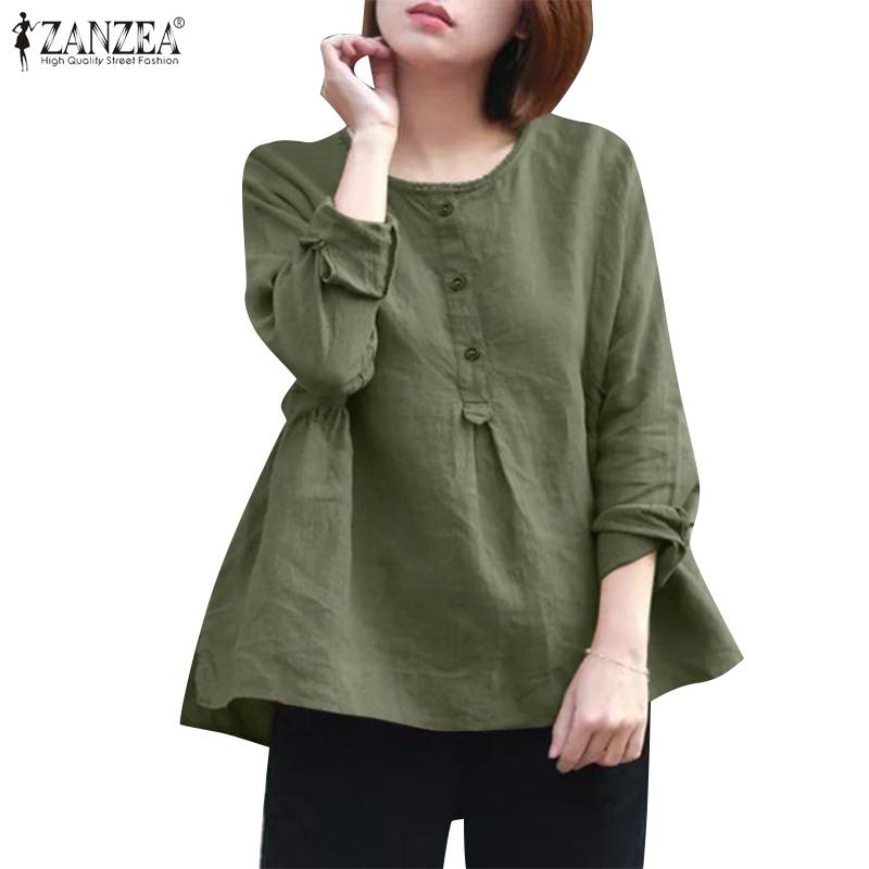 

ZANZEA Женская повседневная однотонная хлопковая блузка с длинным рукавом и круглым вырезом Топы