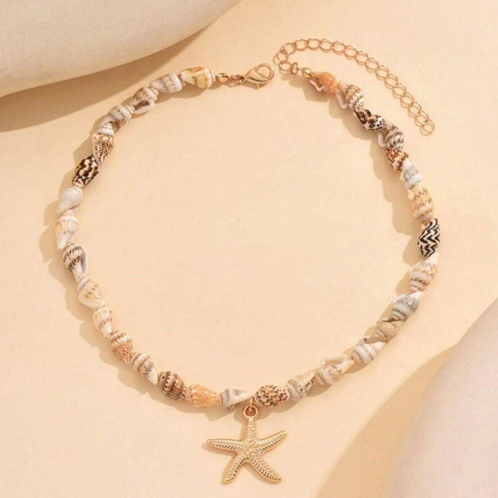 Natural Seashell Necklace Ocean Style Beaded Choker Holiday Conch Pendant Necklace  for Women