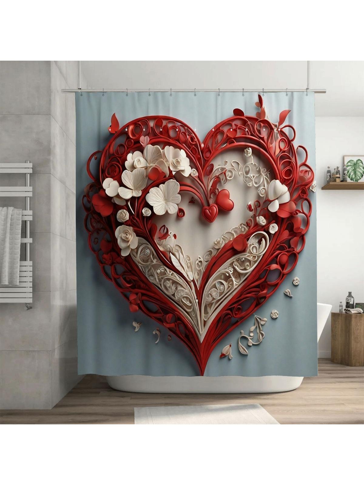 

3D Red Heart With Flowers Shower Curtain | Romantic And Elegant Bathroom Decor W60H190(CM)-1 Pcs