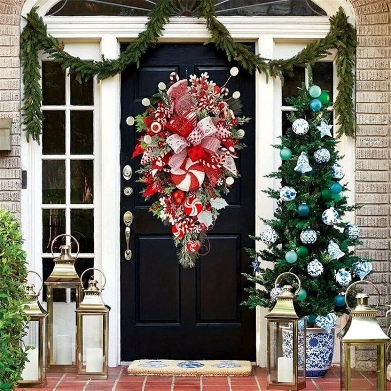 Sweet Christmas Wreath Garland Candy Cane Bow Ornament Xmas Front Door Hanging Wall Home Decor