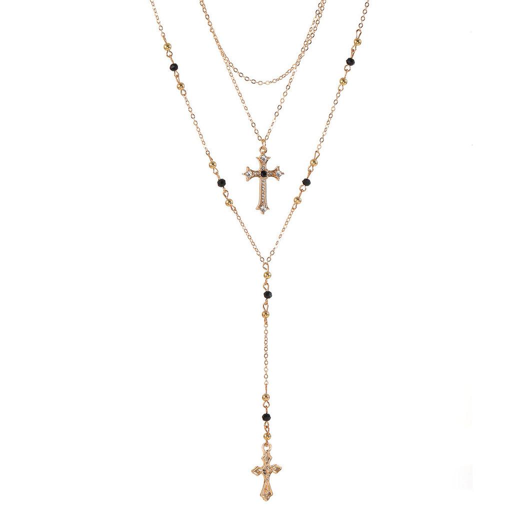 Cross Necklace Multilayer Geometric Pendant With Rhinestones For Women