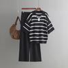 Contrasting stripes fashion suit summer new casual loose knitted wide-leg pants two-piece set