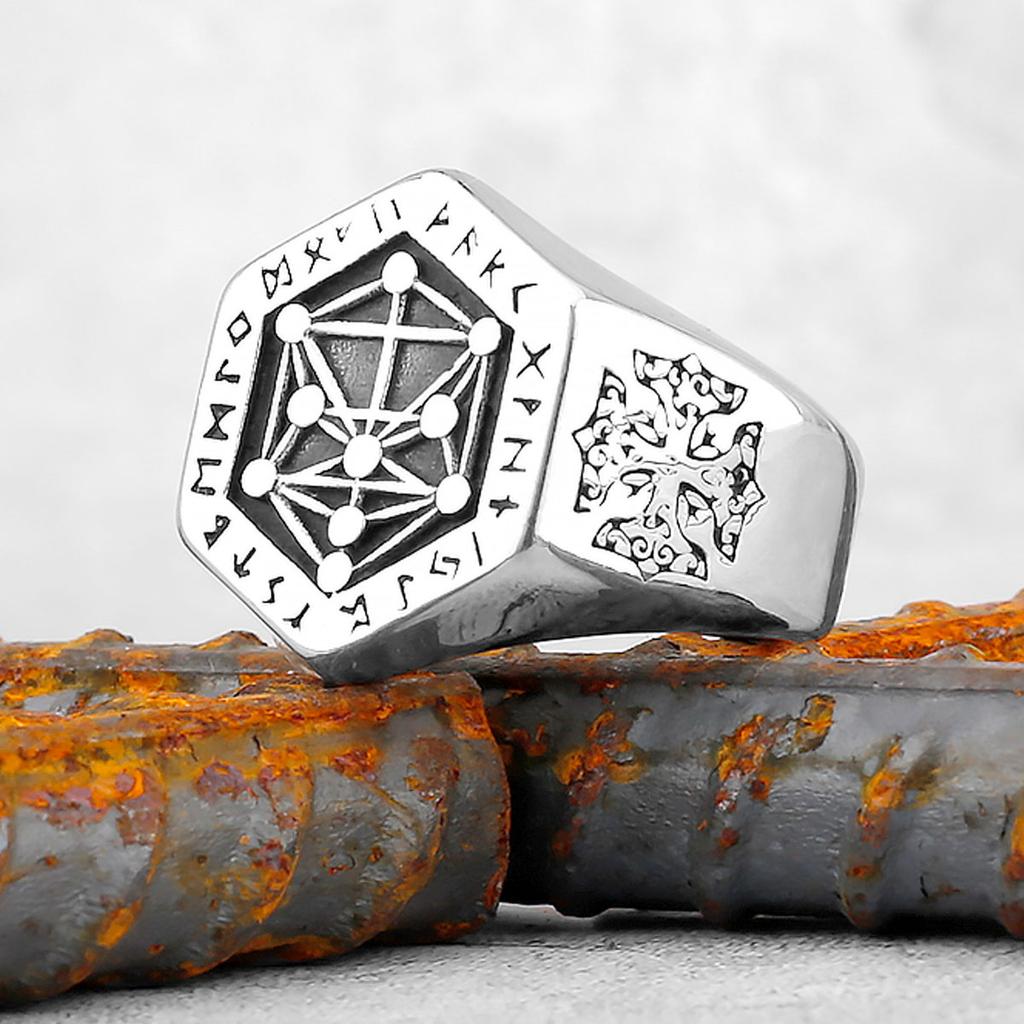 Viking Stainless Steel Ring Anchor Compass Tree of Life Nordic Viking Rune Wolf Men and Women Ring Jewelry for Boyfriend as Gift