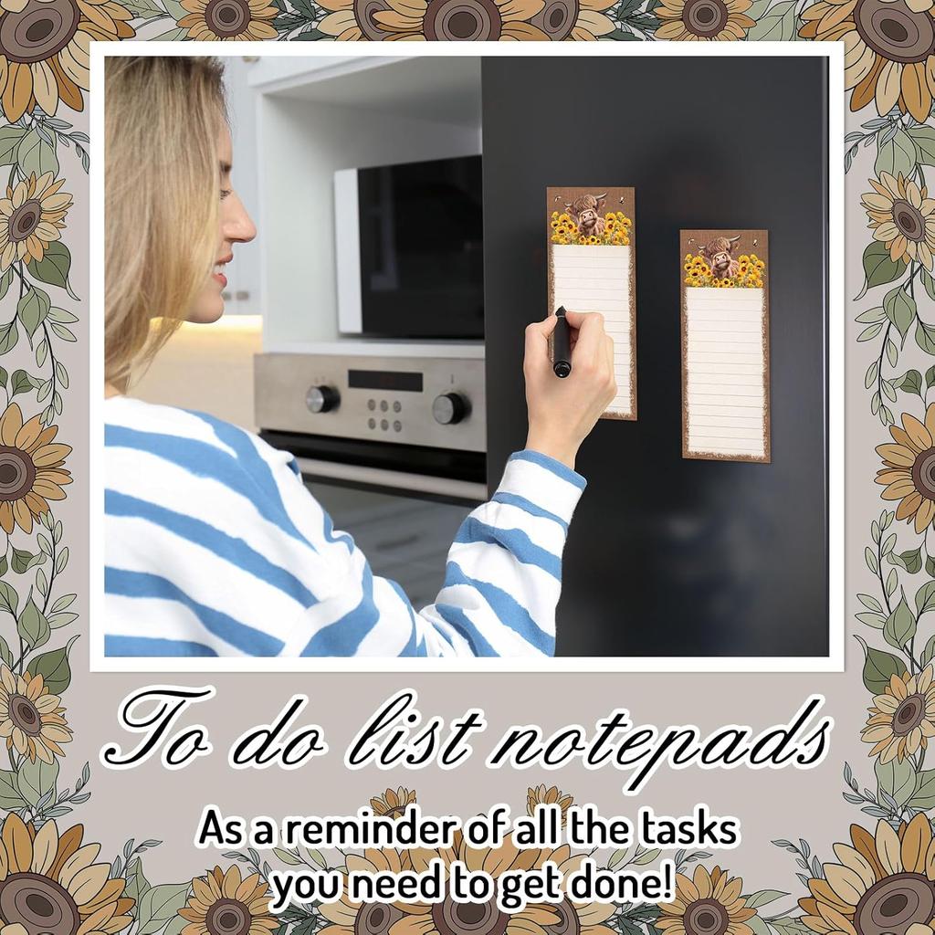 2Pcs Highland Cow Magnetic Notepads Rustic Cow Sunflower Bee List To-Do Paper Pad Brown Grocery Shopping List Memo Pad For Home Kitchen Fridge Decor