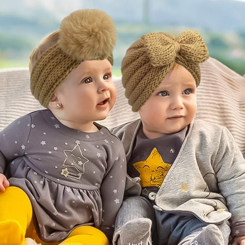 New children's winter warm headscarf hat set, baby bow pullover hat, baby headband