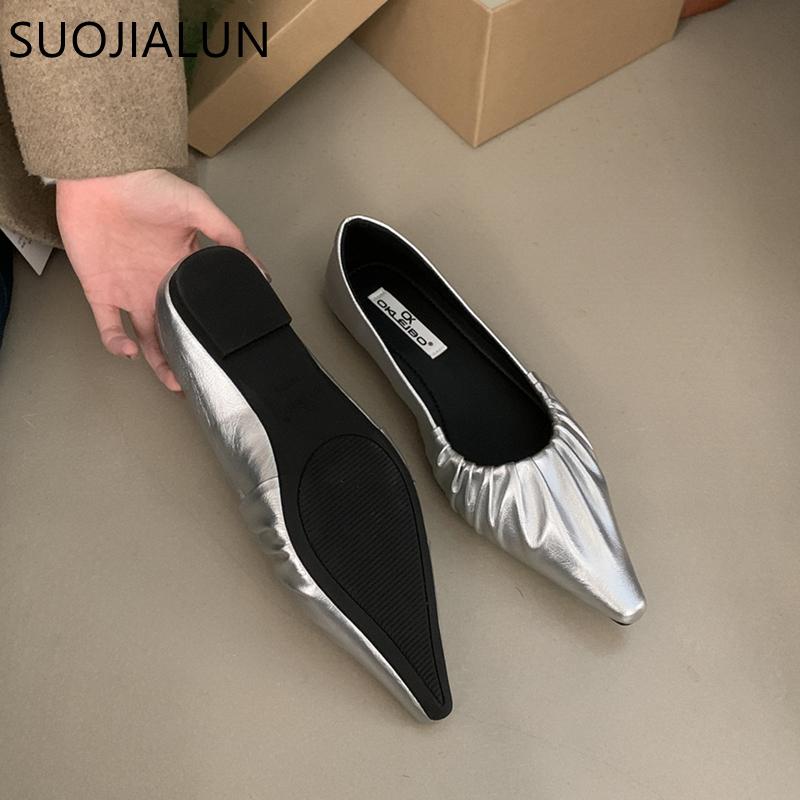 Fashion SUOJIALUN Spring New Brand Women Flat Shoes Fashion Pleated Ladies Elegant Boat Shoes Pointed Toe Shallow Slip On Single Shoes