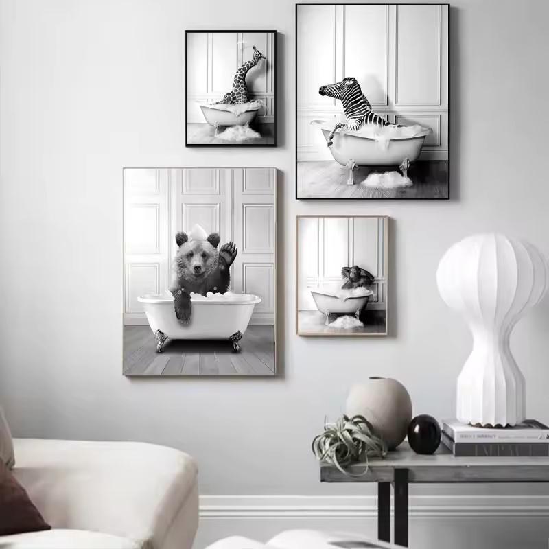 Nordic Black and White Toilet Bathtub Canvas Painting Wall Art Bathroom Posters and Prints Animal Elephant Giraffe Home Decor