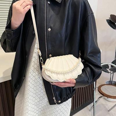 Women's Seashell Shape Pearl Handbag Leather Flap Adjustable Strap Shoulder Bag Accent Shell Bag PU Leather Compact Everyday