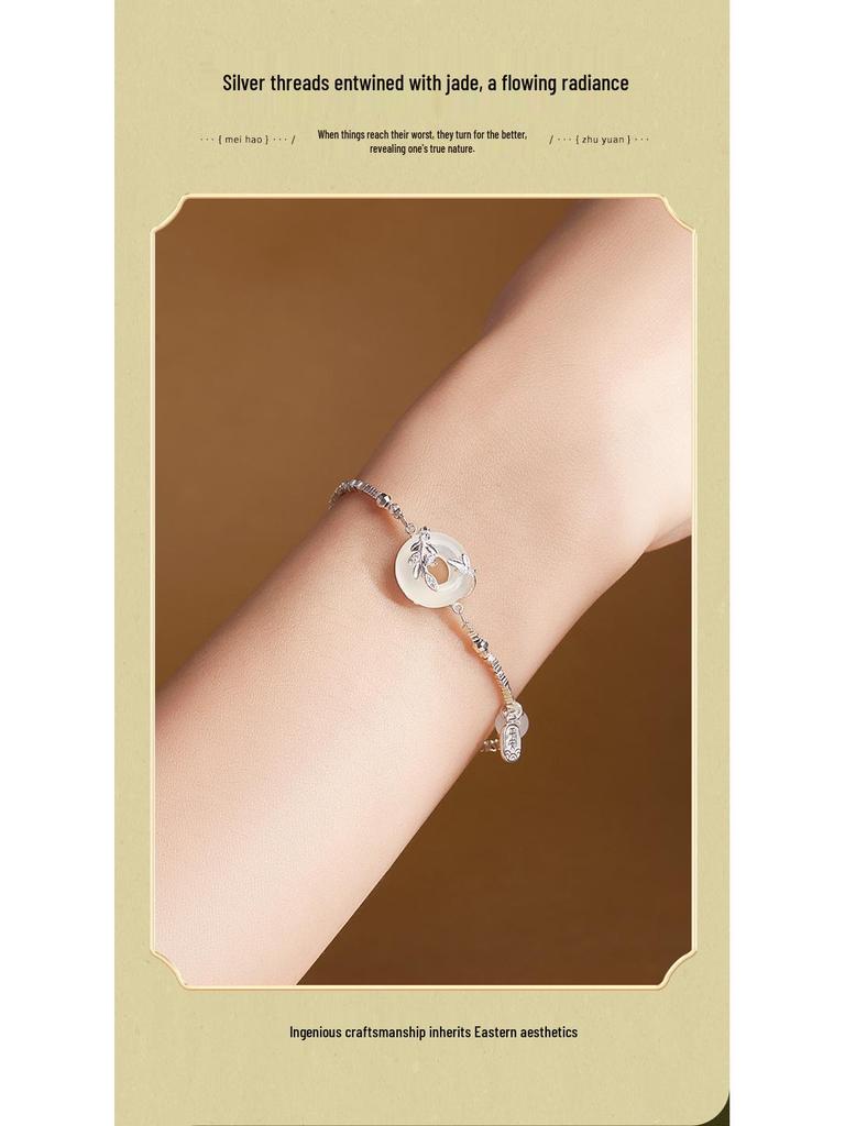 Bransoletka damska ze srebra próby S925 z białym chalcedonem i zapięciem zabezpieczającym - Ekskluzywna biżuteria wysokiej klasy, Idealna na prezent na Qixi Walentynki