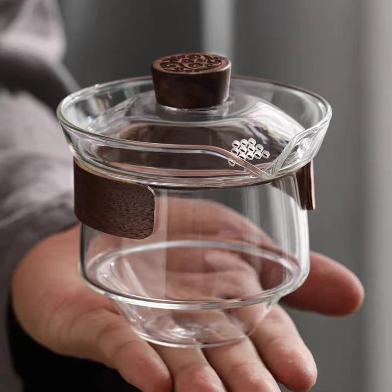 New High Boron Silicon Glass Gaiwan Cup Cover Wooden Heat Insulation Chinese Tea Bowl Tureen Travel Teaware Sets 200ML