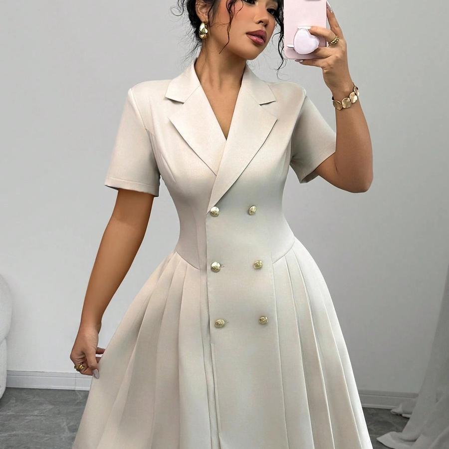 Imported Women's Dress, Waist-Defined Double-Button Gown